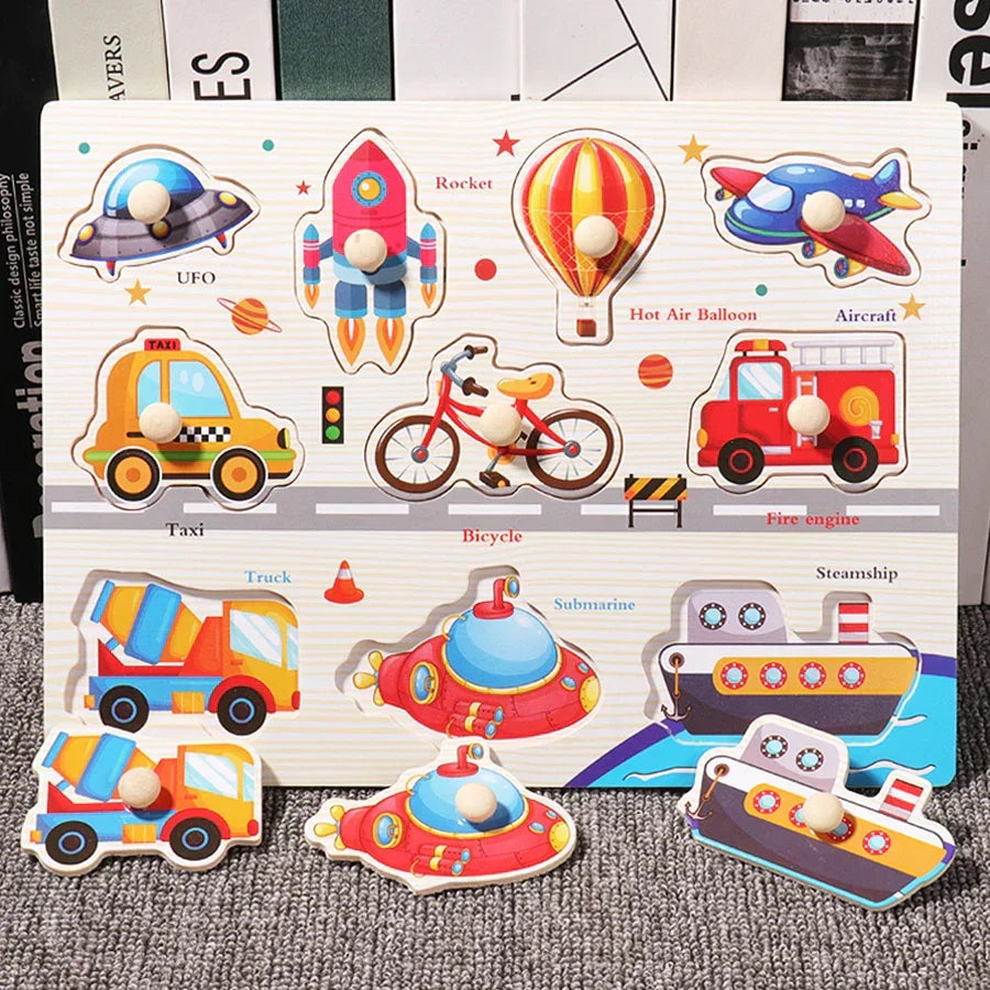 Wooden Hand Grab Boards Baby Educational Cartoon Vehicle Animals Fruits 3D Puzzles Kids Early Education Toys TMZ﻿