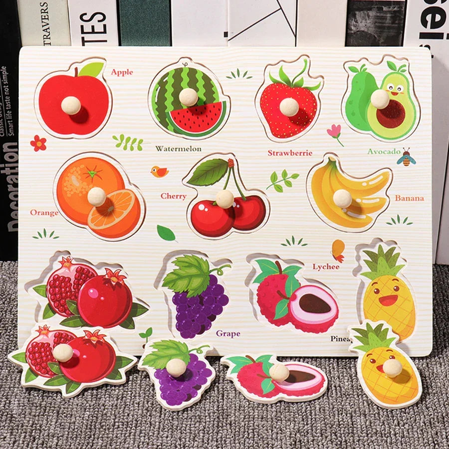 Wooden Hand Grab Boards Baby Educational Cartoon Vehicle Animals Fruits 3D Puzzles Kids Early Education Toys TMZ﻿