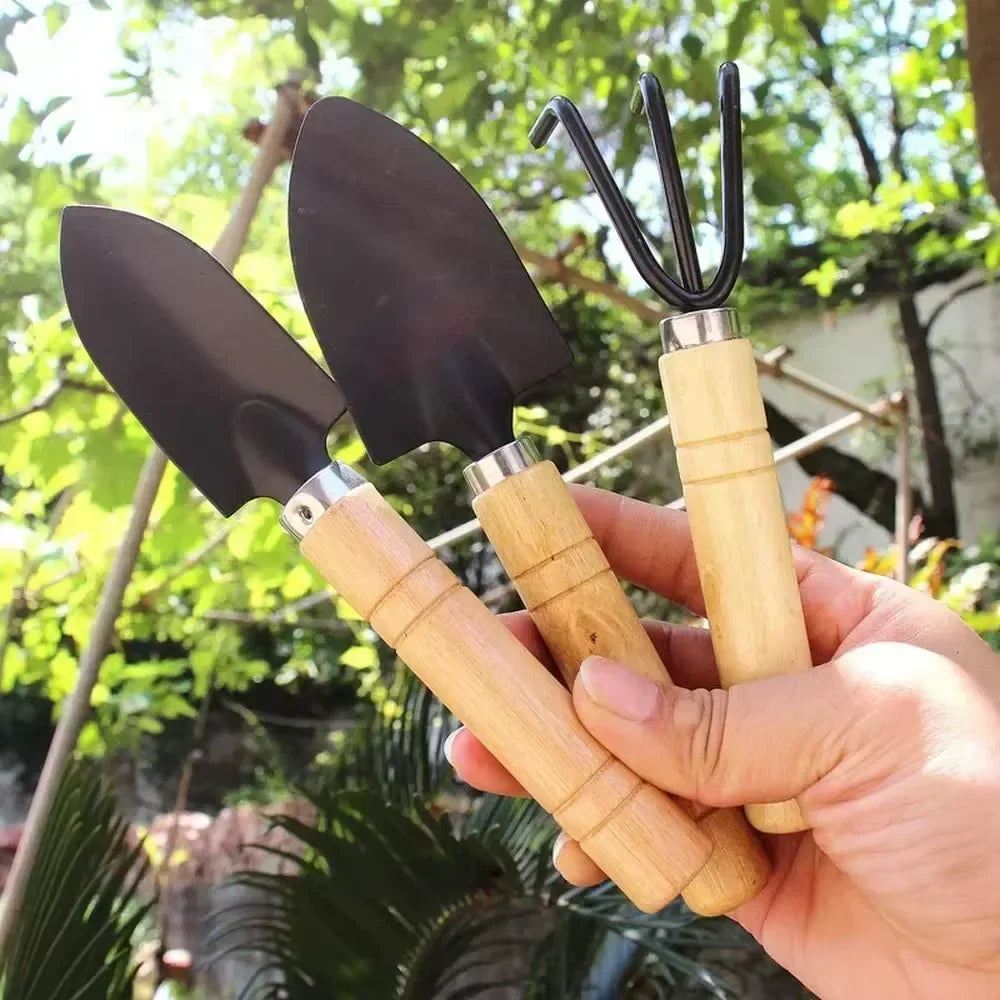 Mini Garden Tool Set (3pcs) – Wooden Handle Shovel, Rake & Trowel for Indoor & Potted Plants