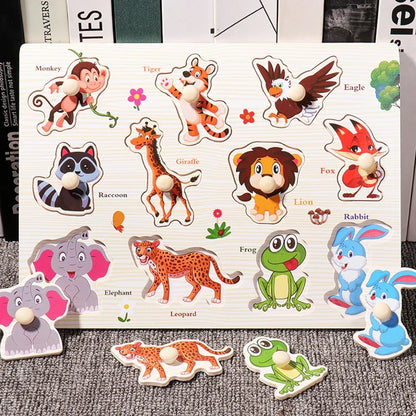 Wooden Hand Grab Boards Baby Educational Cartoon Vehicle Animals Fruits 3D Puzzles Kids Early Education Toys TMZ﻿