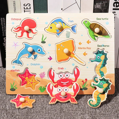 Wooden Hand Grab Boards Baby Educational Cartoon Vehicle Animals Fruits 3D Puzzles Kids Early Education Toys TMZ﻿