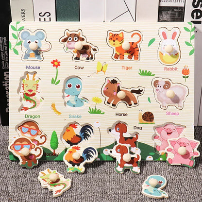Wooden Hand Grab Boards Baby Educational Cartoon Vehicle Animals Fruits 3D Puzzles Kids Early Education Toys TMZ﻿